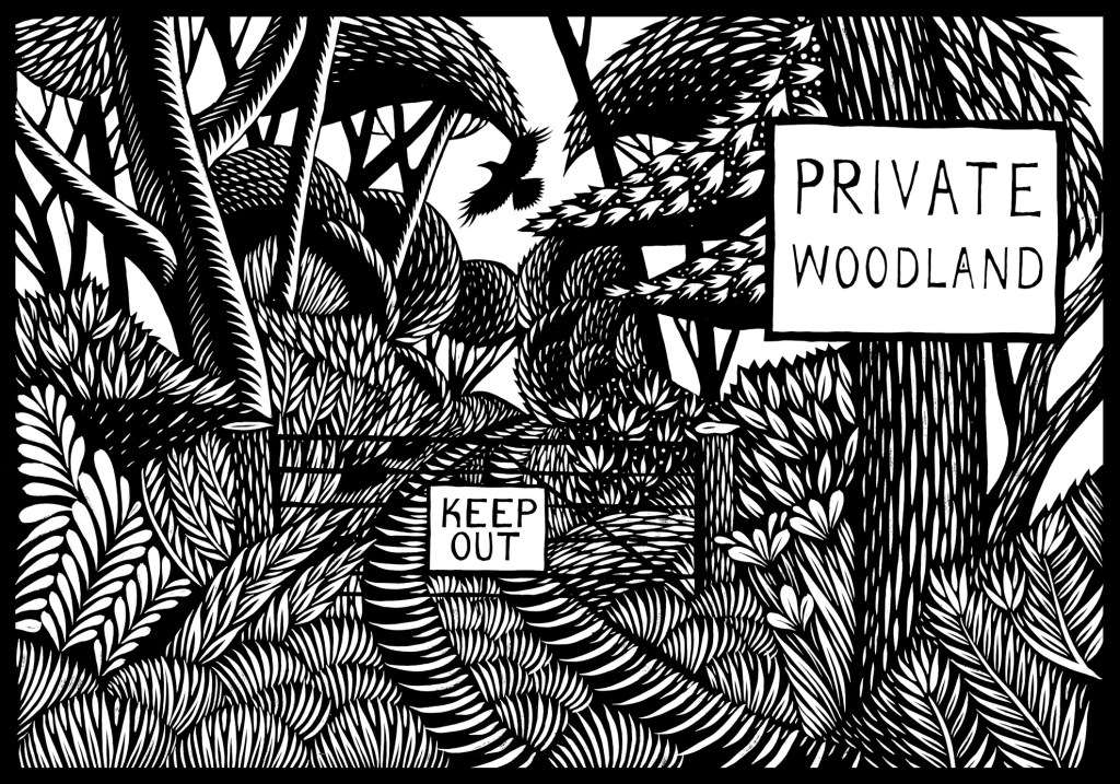 Illustration from Right to Roam website of woodland with a fence and signs saying "Keep Out" and "Private Woodland"